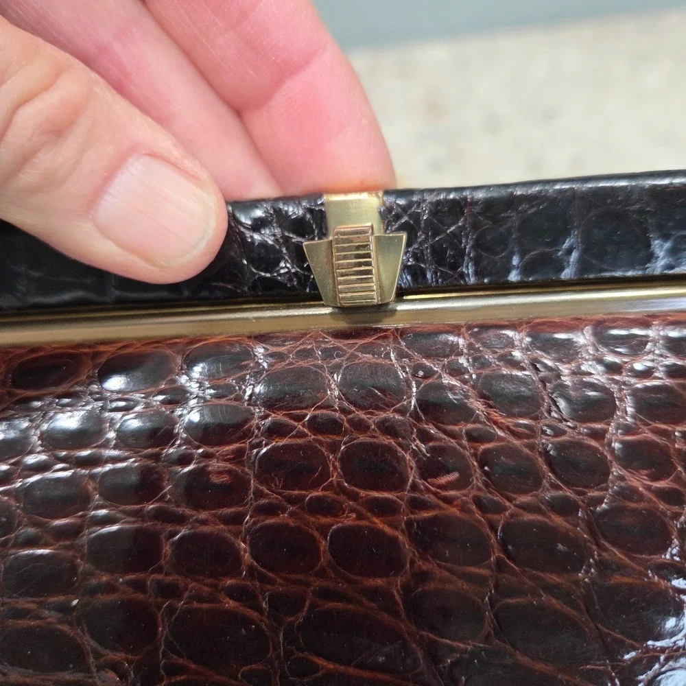 Vintage Sterling Genuine Crocodile Embossed‎ Leather Top Handle Handbag Brown
